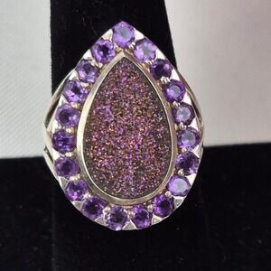 Sterling Silver India PTI‎ 925 Purple Druzy Amethyst Teardrop Ring Size 8.75